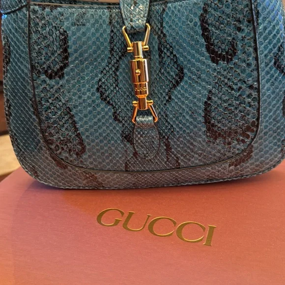 NWT IN BOX Limited Edition GUCCI MED JACKIE EXOTIC SKINS BLUE PYTHON - Picture 2 of 6